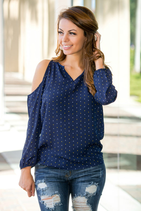 Navy Mustard Square Print Cold Shoulder Top Shop Simply Me Boutique SMB