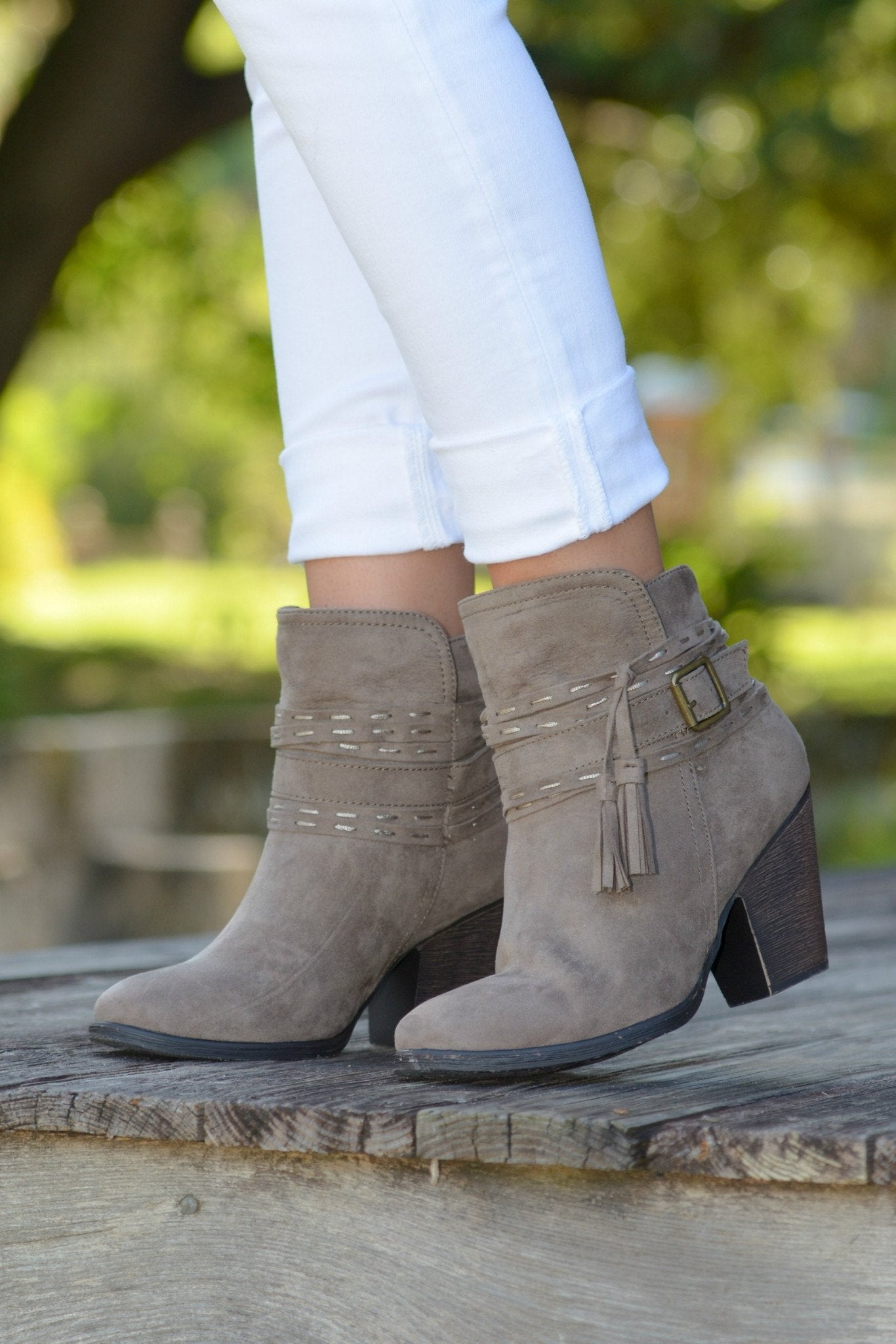 Honky Tonky Stomp Taupe Fringe Buckle Bootie Boot Shop Simply Me Boutique