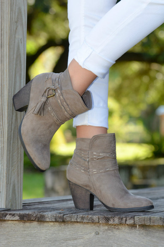 Honky Tonky Stomp Taupe Fringe Buckle Bootie Boot Shop Simply Me Boutique