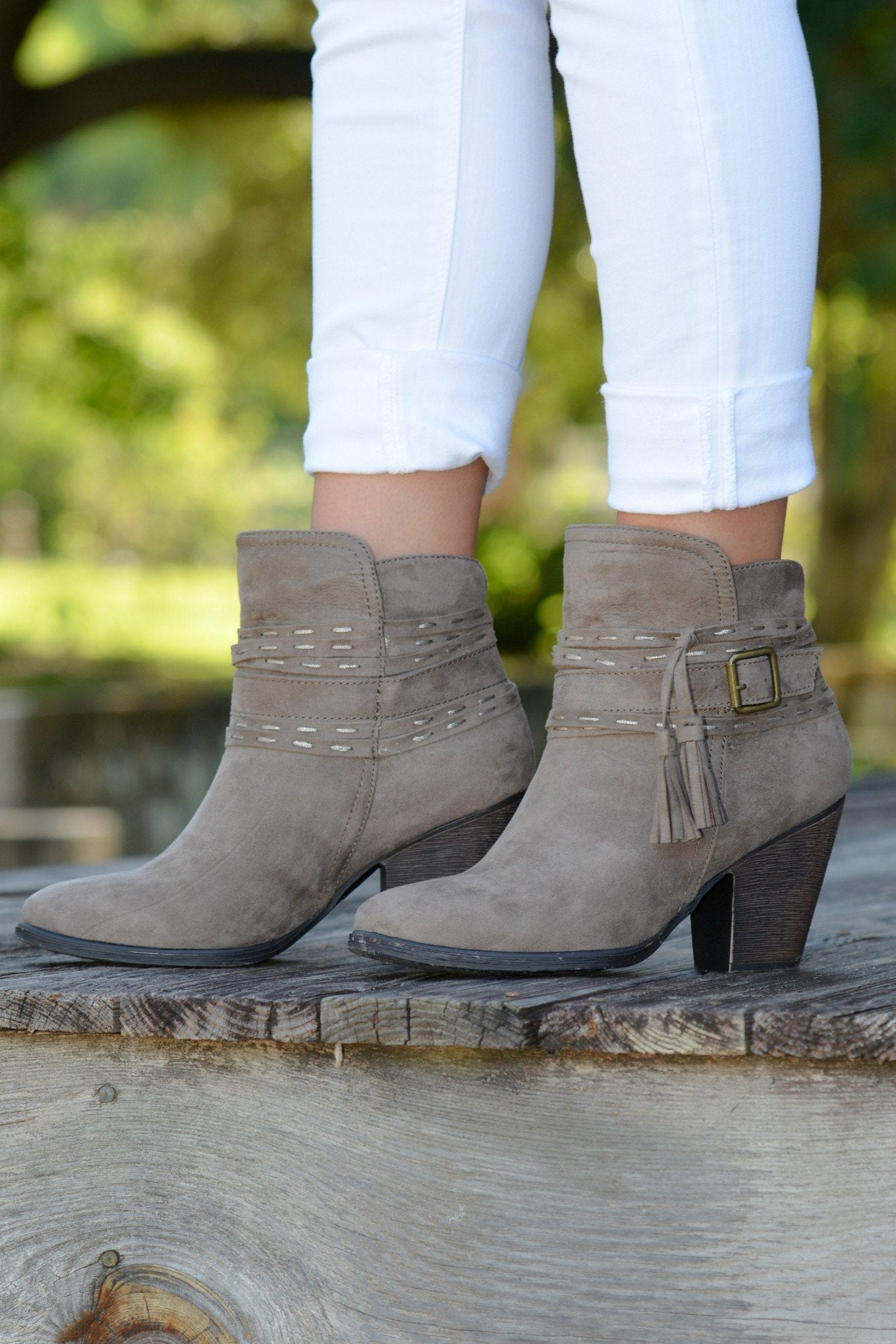 Honky Tonky Stomp Taupe Fringe Buckle Bootie Boot Shop Simply Me Boutique
