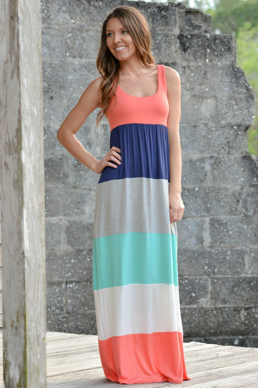 Color Envy Coral Color Block Maxi Dress Shop Simply Me