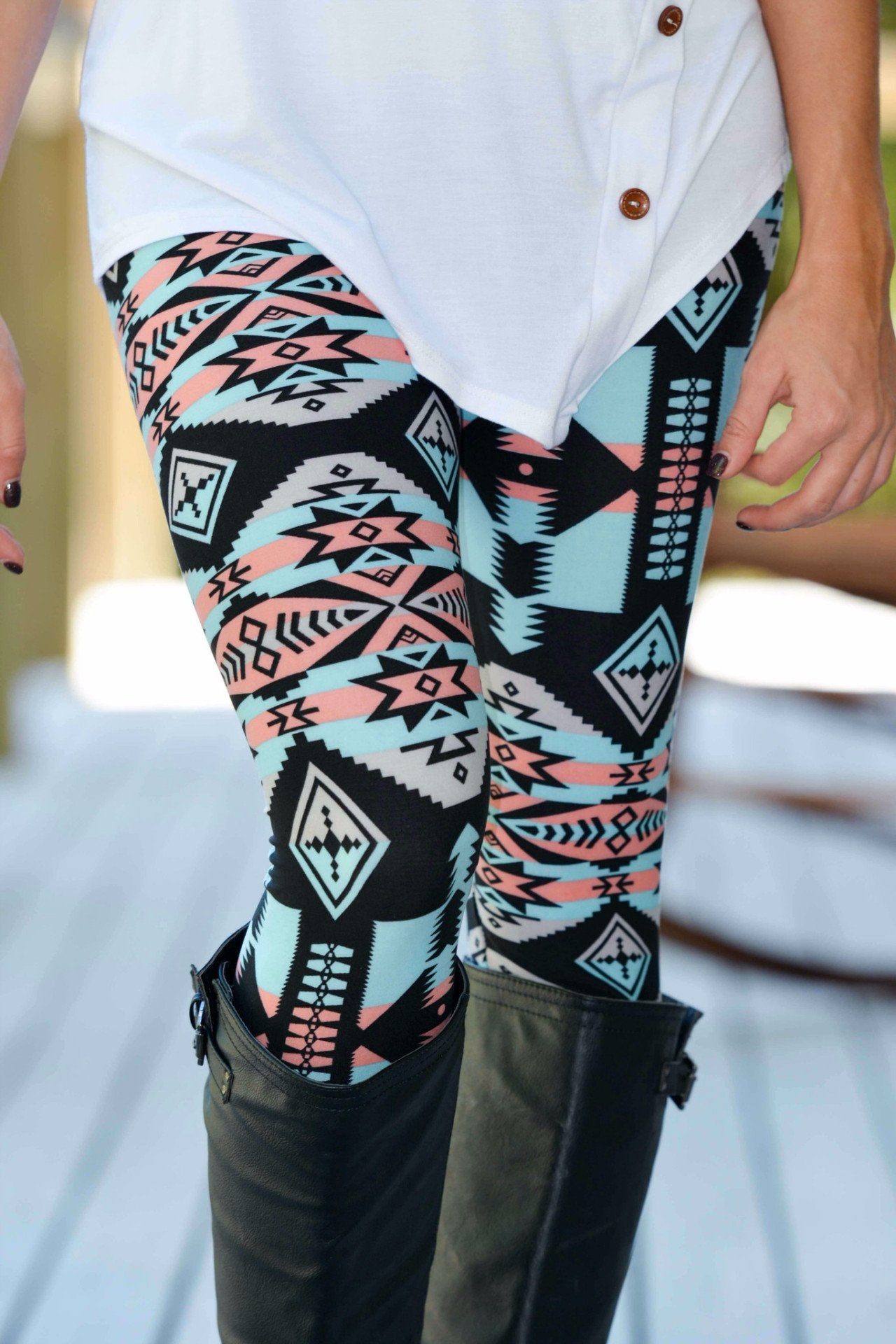 Mint Coral Aztec Soft Leggings Shop Simply Me Boutique Shop SMB