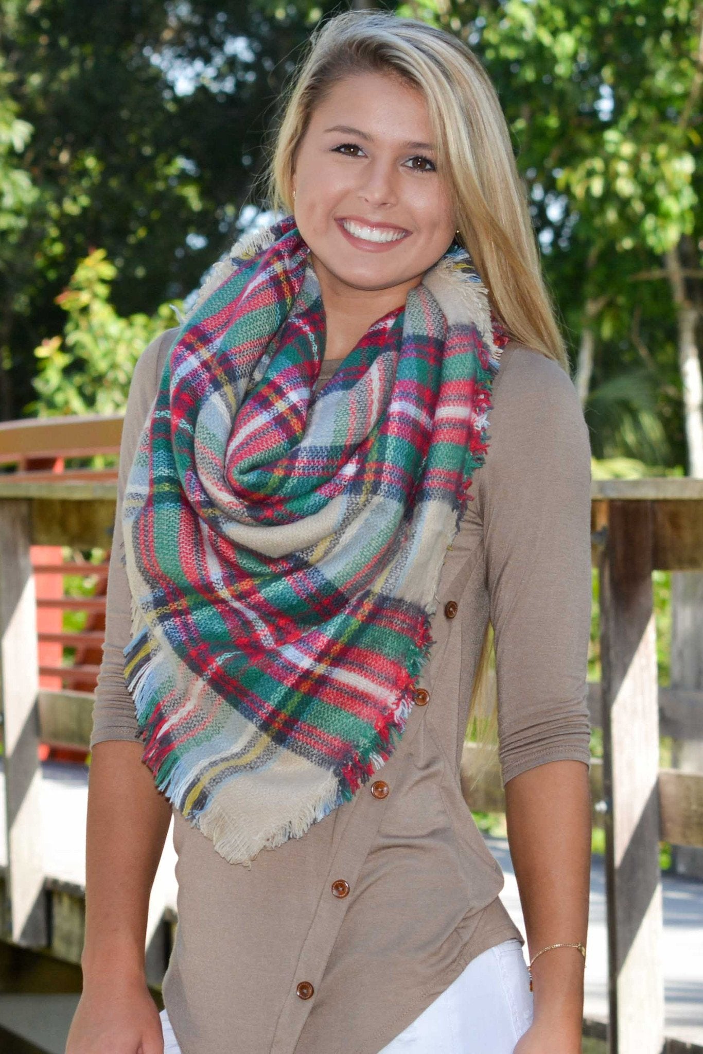 Tan Plaid Blanket Scarf