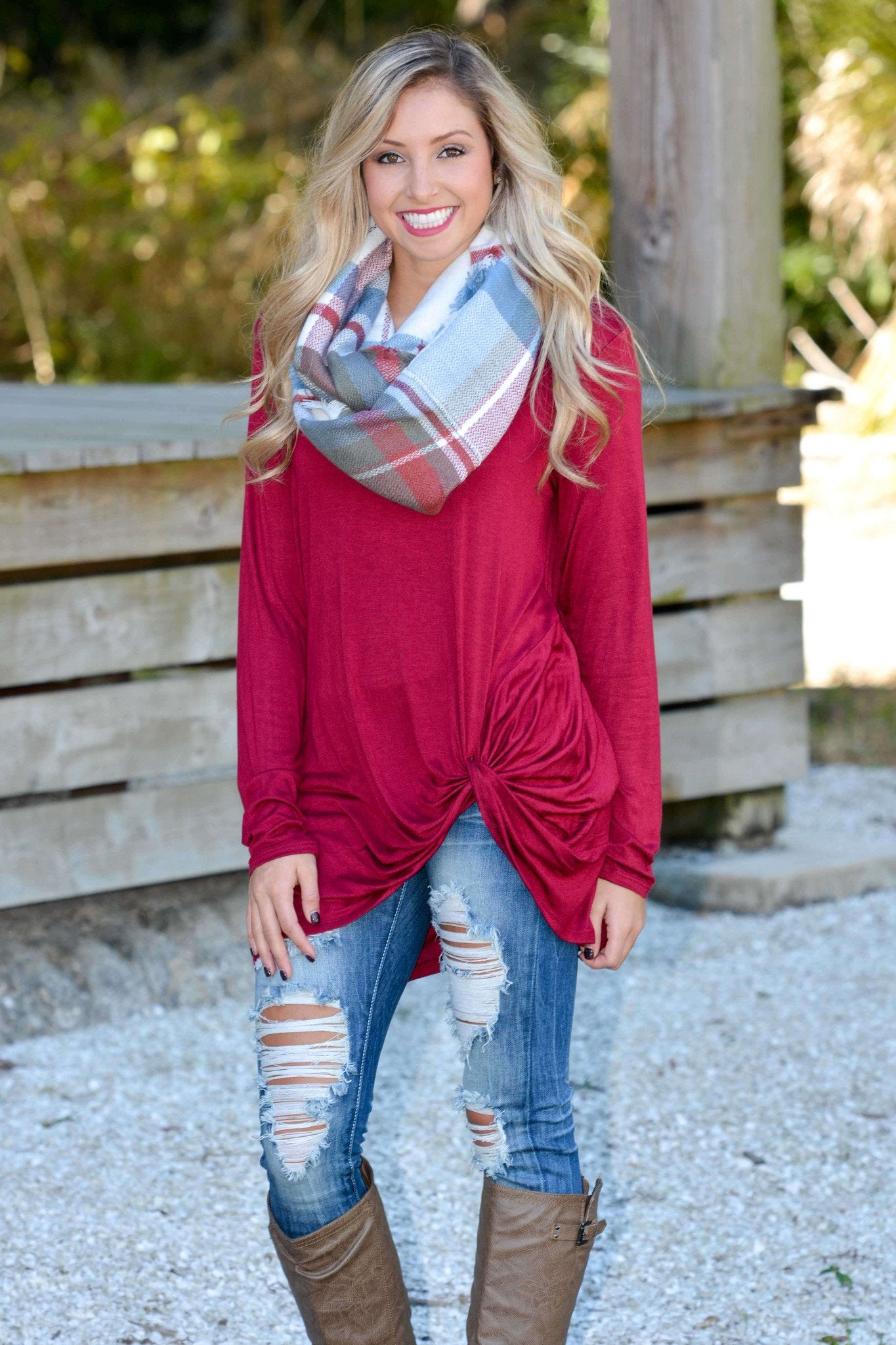 Gray Burgundy Blue Infinity Scarf Shop Simply Me Boutique Shop SMB