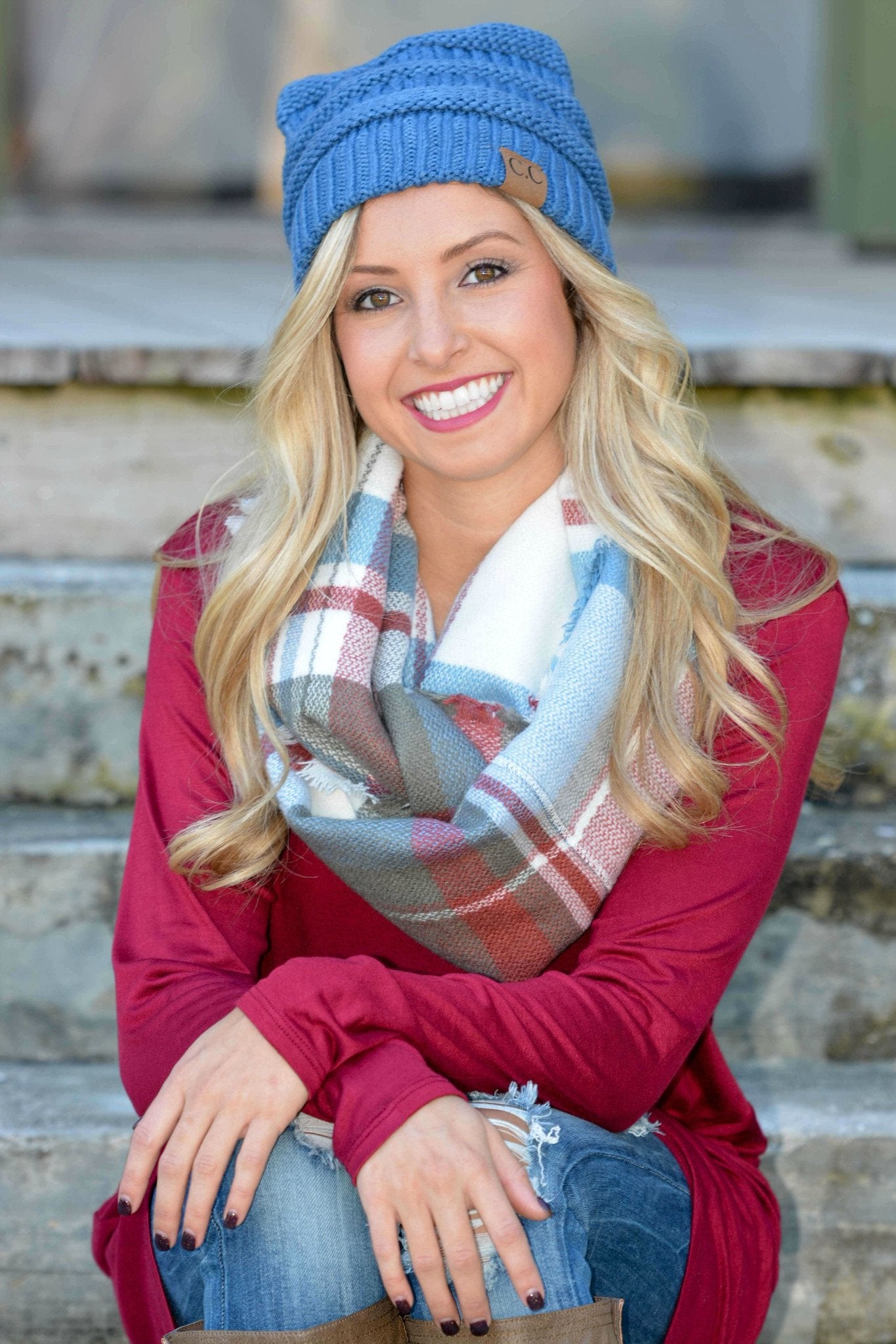 Gray Burgundy Blue Infinity Scarf Shop Simply Me Boutique Shop SMB