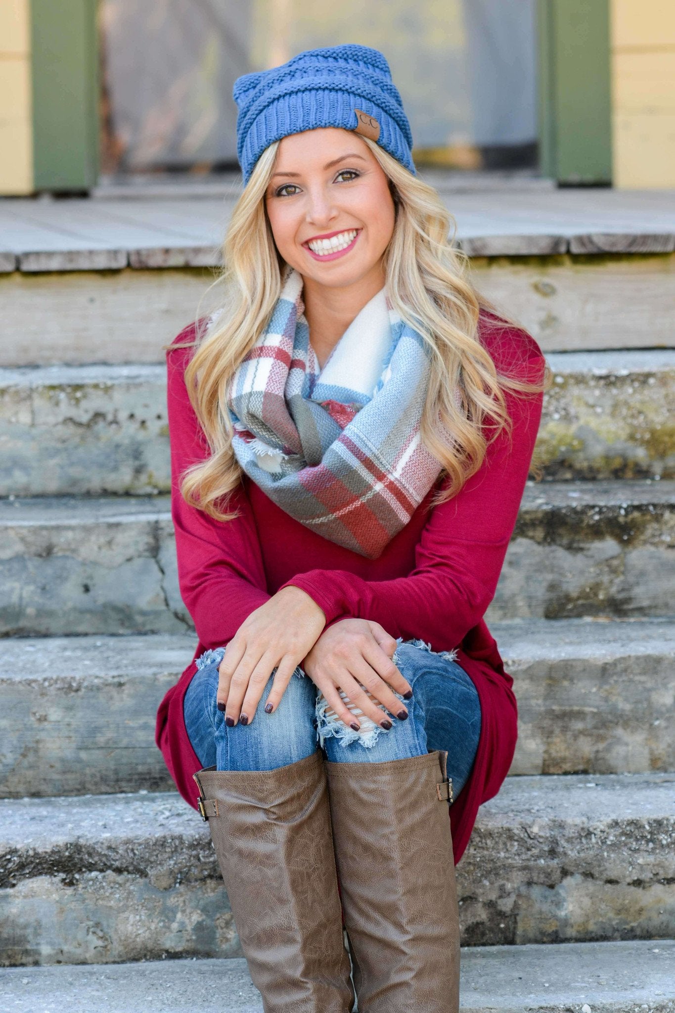 Gray Burgundy Blue Infinity Scarf Shop Simply Me Boutique Shop SMB