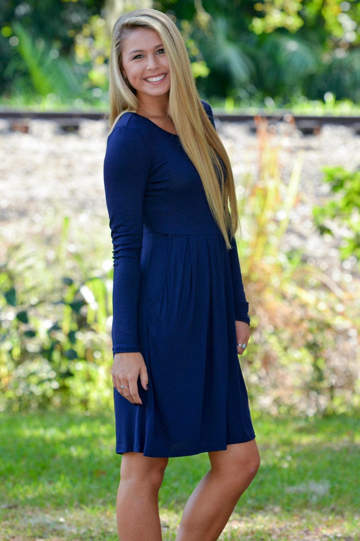 Fall in Love Long Sleeve Pocket Blue Navy Dress Shop Simply Me Boutique 
