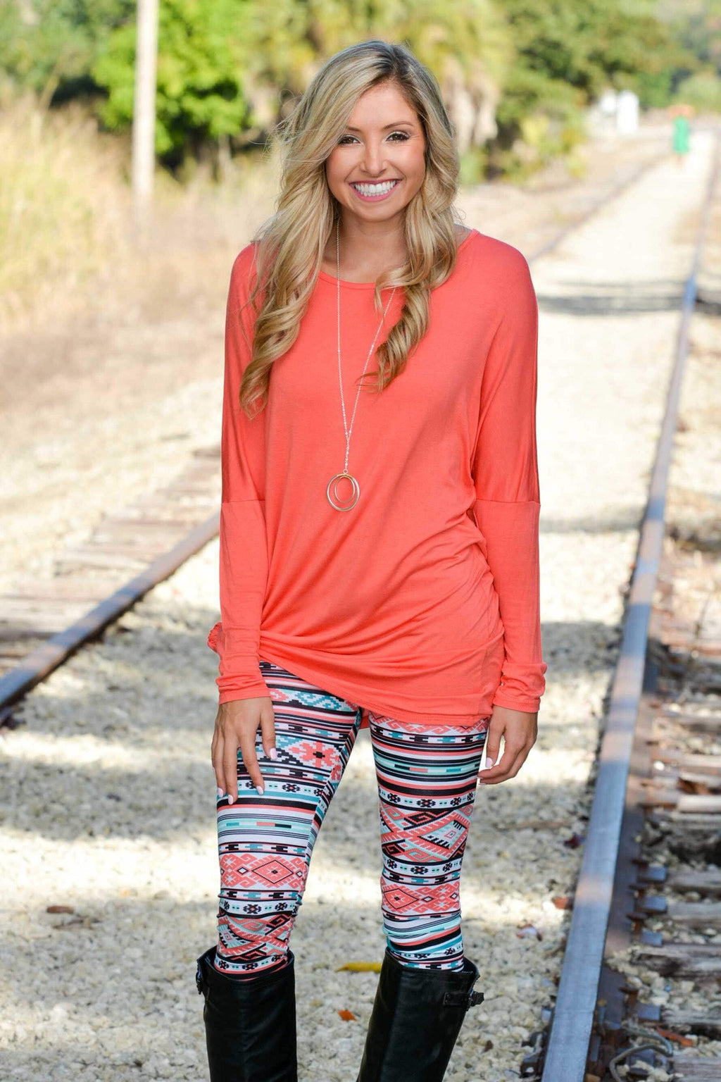 Coral Tribal Geo Print Cotton Leggings Shop Simply Me Boutique SMB