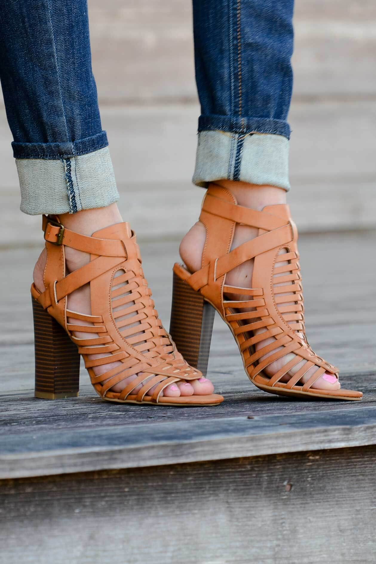 Cognac Tan Caged Heeled Sandal Shop Simply Me Boutique Shop SMB