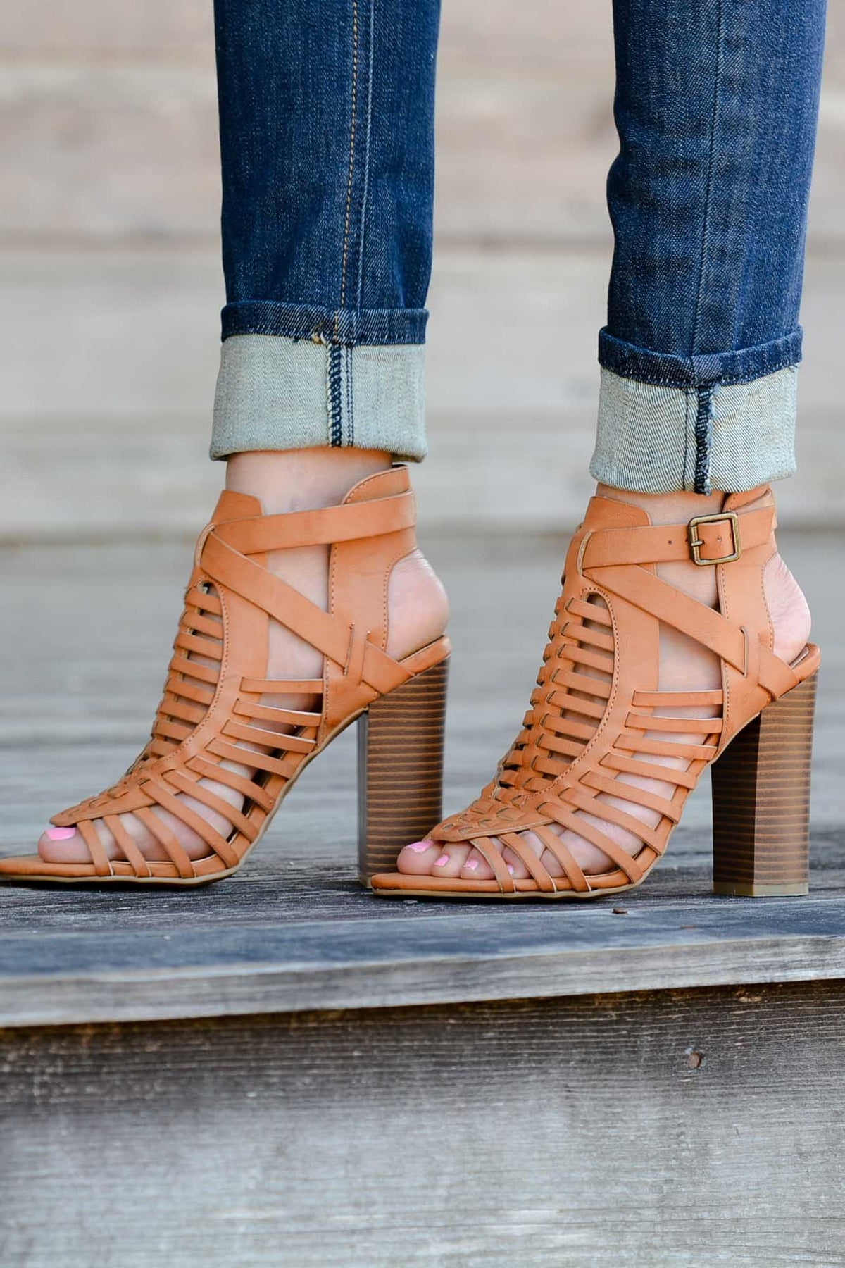 Cognac Tan Caged Heeled Sandal